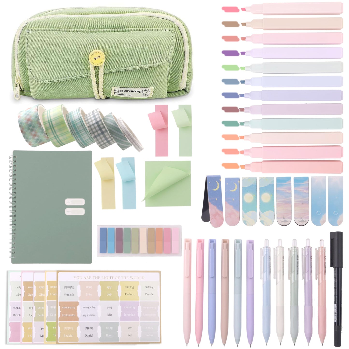 ITAWIXS Green Bible Study Kit for Women, Bible Study Supplies Journaling Set with Tabs, Pen Case, Notebook, Pens Study Group Essentials Accessories Set for Students, Beginners
