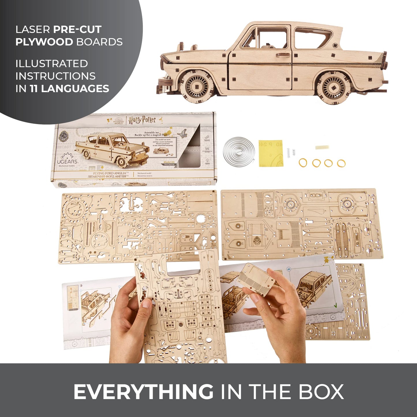 UGEARS Wooden 3D Puzzles for Adults - Flying Ford Anglia Harry Potter Puzzle 3D – Harry Potter Flying Car Building Kits for Adults DIY Model Kit with Spring Drive