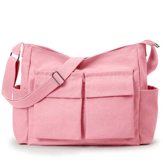 Canvas Messenger Bag for Women Men, Large Crossbody Bag for College Work Travel Daily, Pink