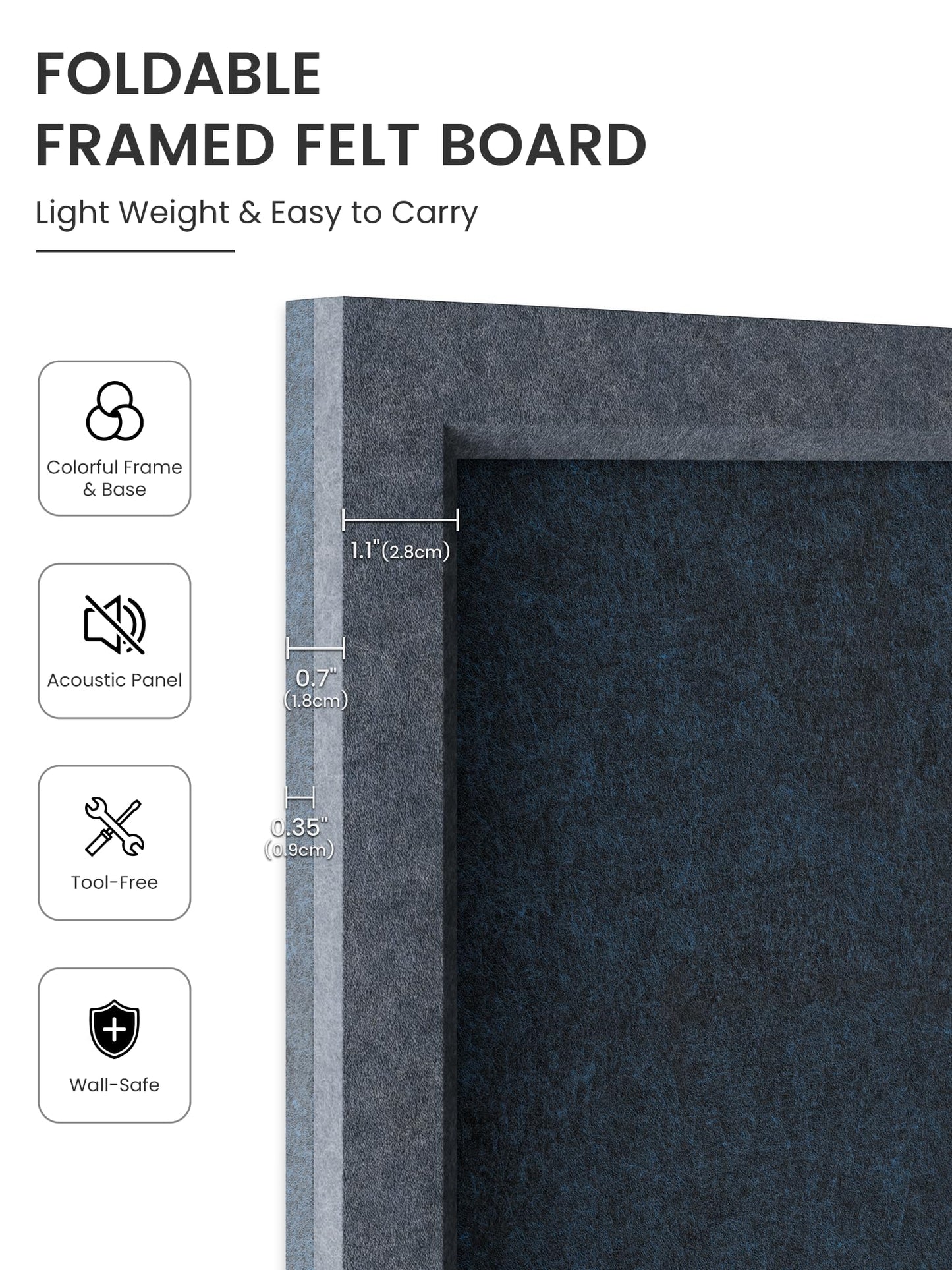 Fluxynara Foldable Cork Board Alternative, Felt Bulletin Board 23.6" x 17.5" Navy Blue Frame with 12 Adhesive Tabs, Pin Board for Home Office, Classroom, Entryway, Kitchen Wall Decor—Carbon Blue