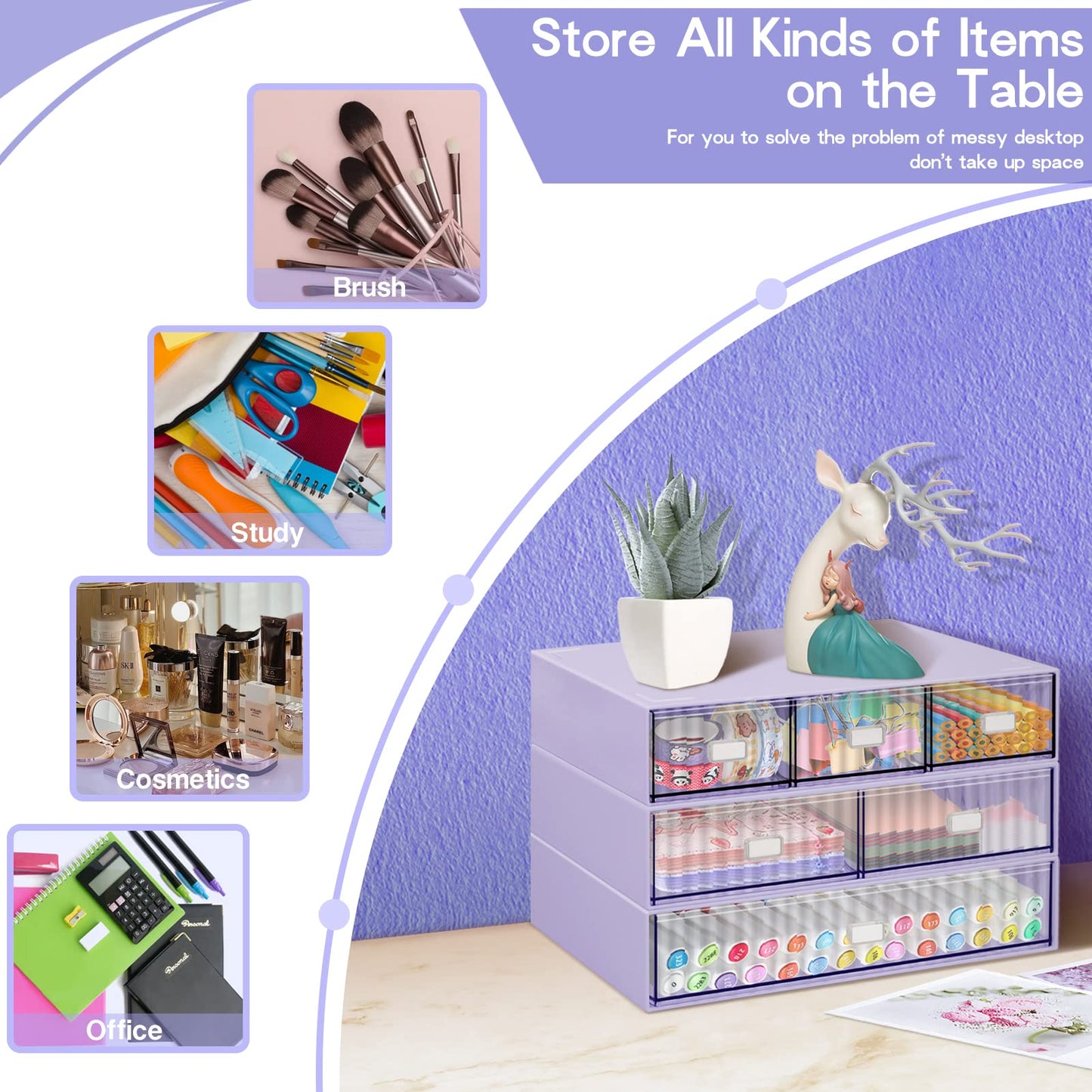 3 Tier Stackable Desk Organizer with 6 Drawers, Plastic Desktop Storage Box Drawers, Detachable Makeup Storage Office Stationery Supplies Organizer for Office School(Purple)