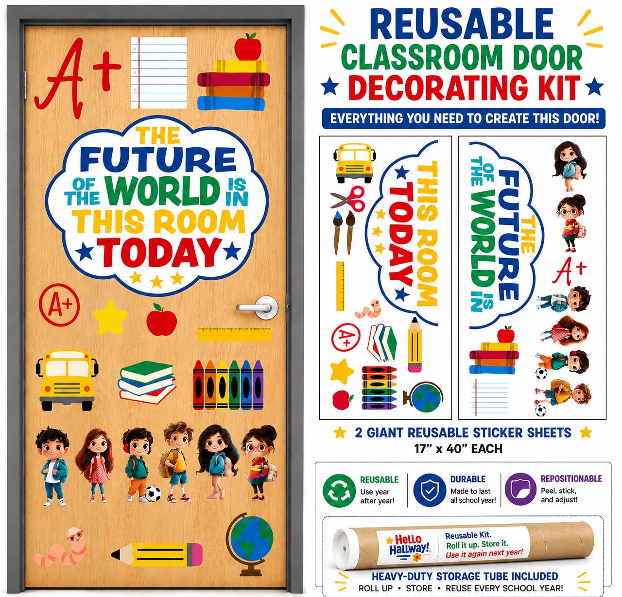 Hello Hallway Classroom Door Decorations for Teachers, Back to School | Reusable Peel & Stick Door & Whiteboard Decor Kit | Preschool Pre-K Kindergarten Classroom Decor | Teacher Supplies