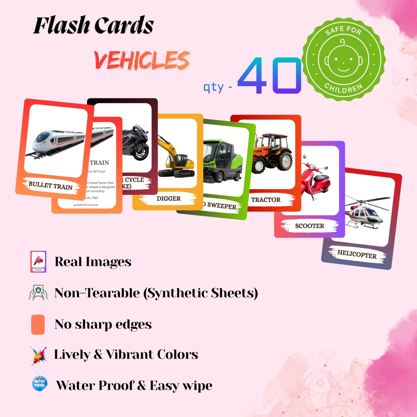 The Biblio Hub Vehicles Flashcards – Non-Tearable Synthetic Learning Cards for Toddlers, Preschool & Kindergarten, Double-Sided Set