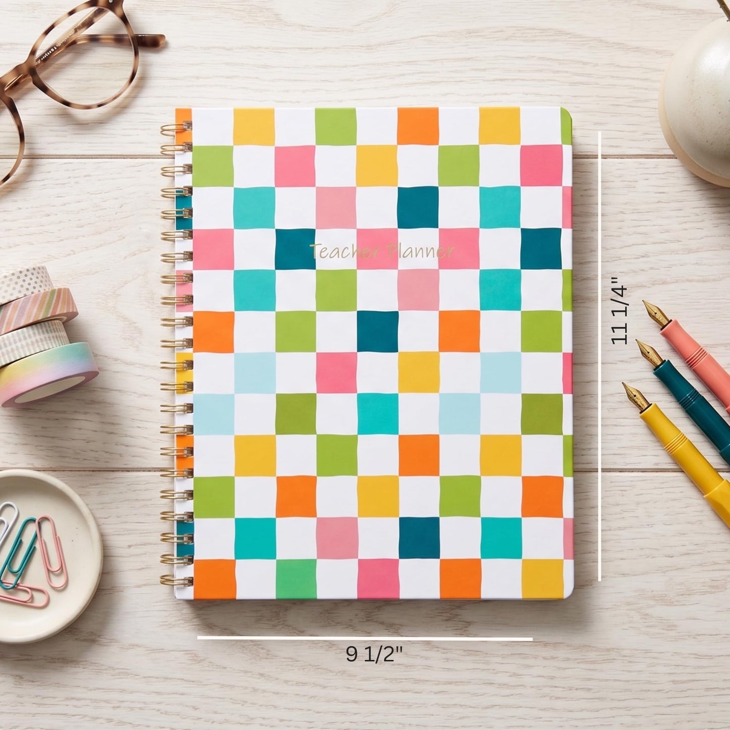 Undated Teacher Planner 8.5 x 11-12 Months & 52 Weeks | Colorful Checkerboard Cover | Monthly & Weekly Lesson Plan Book with Stickers, Storage Pocket & Snap-In Bookmark | Classroom Organizer