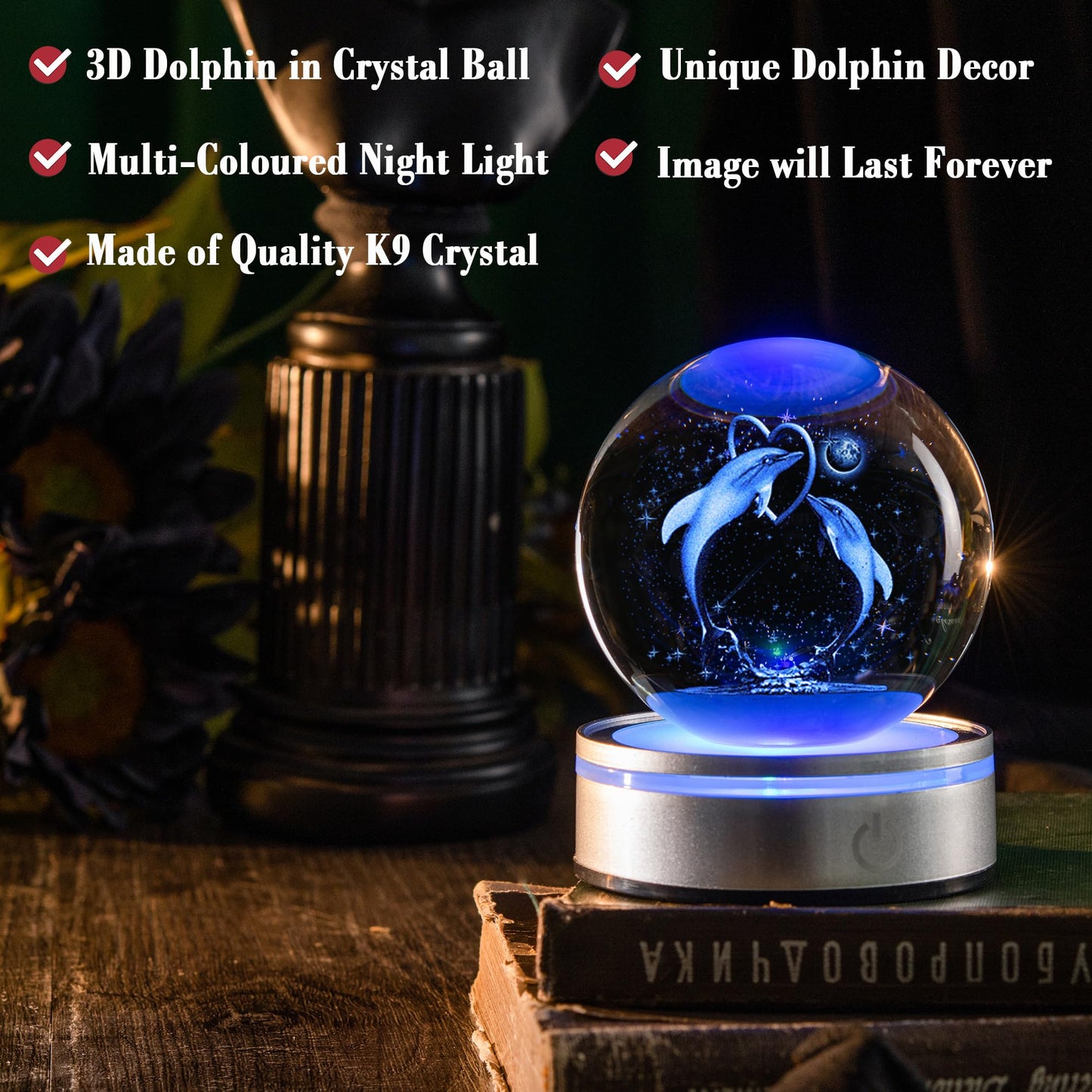 IFOLAINA 3D Dolphin Crystal Ball Night Lights Dolphin Lovers Gifts for Women Men Christmas Birthday Mothers Day Crystal Sphere Bedroom Decor