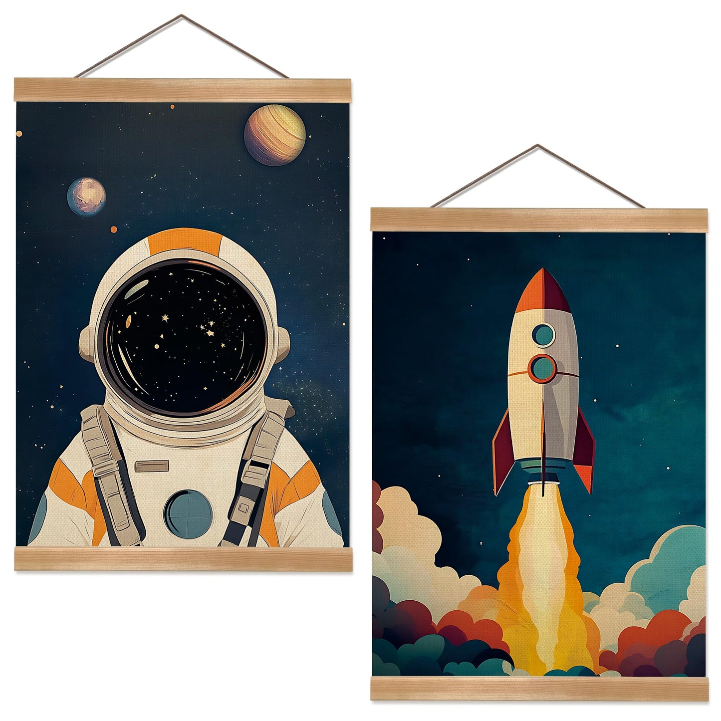 Astronauts and Rockets Poster Wall Art set of 2, Universe Wall Decor Wood Hanger, Spaceship Classroom Decor, Outer Space Planets Poster for Boys and Girls Nursery, Bedroom, Playroom, Toddler Room Decoration (Space travel-02)