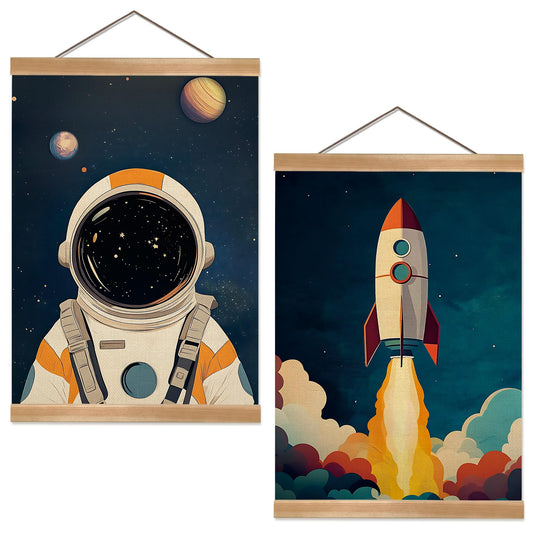 Astronauts and Rockets Poster Wall Art set of 2, Universe Wall Decor Wood Hanger, Spaceship Classroom Decor, Outer Space Planets Poster for Boys and Girls Nursery, Bedroom, Playroom, Toddler Room Decoration (Space travel-02)