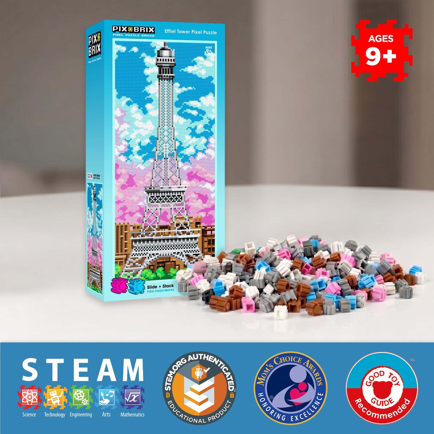Pix Brix Pixel Art kit Puzzle Bricks - Eiffel Tower 12,750 Pieces - Patented Colorful Building Bricks, Create 2D and 3D Builds Without Water, Iron or Glue - Stem Toys for Adults and Kids