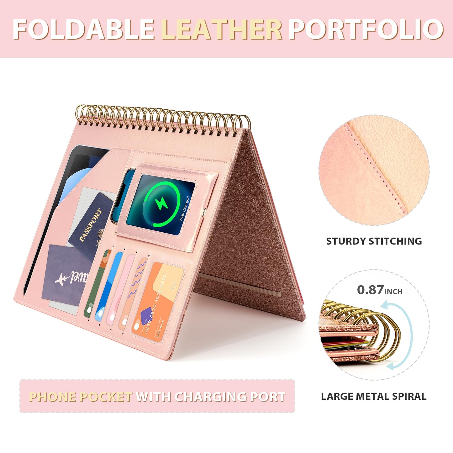 Ospelelf Clipboard with Storage for Women, Leather Padfolio Portfolio Organizer 5 Folders with 10 Pockets, Spiral Clipboard Folio with Notepad for Letter Size, Elastic Closure and Pen Loop Rose Gold