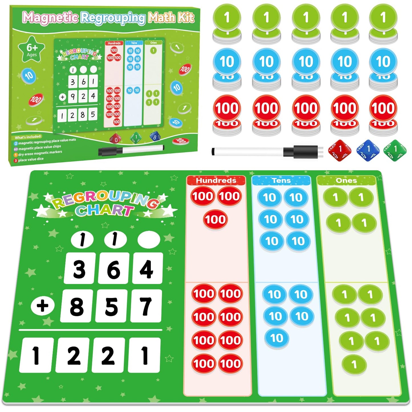 Magnetic Regrouping Math Base Ten Place Value, 2026 New Upgraded Addition & Subtraction Math Manipulatives Dry Erase Whiteboard for Kids 1st 2nd 3rd Grade, Math Games Homeschool Classroom Must Haves
