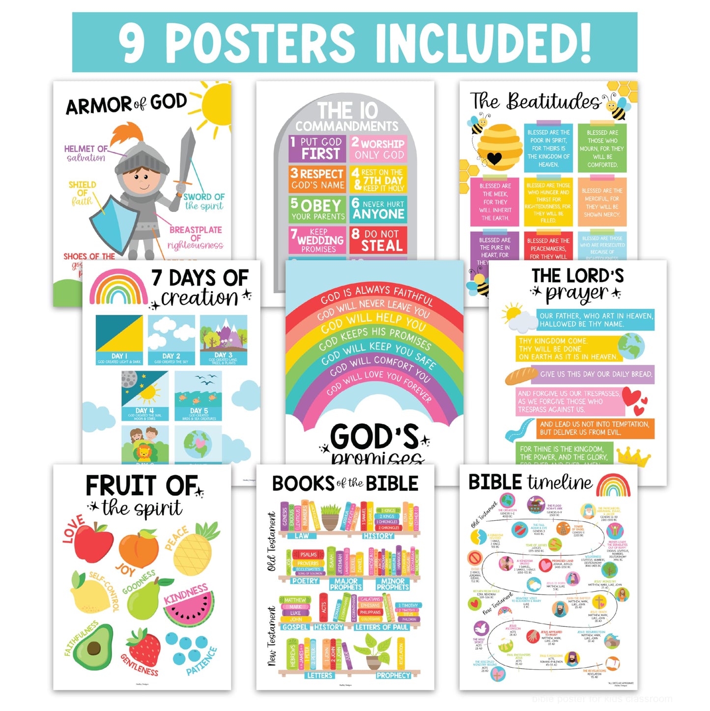 Hadley Designs Sunday School Decorations for Classroom –9 Bible Posters for Kids, Books of the Bible, 10 Commandments, Bible Timeline Chart, Fruits of the Spirit, Rainbow Christian Classroom Decor