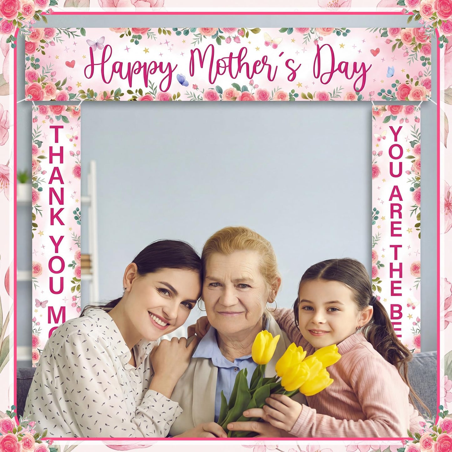 Fanfanwin 3 Pcs Pink Happy Mother's Day Banner Set Thank You Mom Front Door Banner Rose Floral Mother Decor You Are The Best Mama Party Supplies Decorations for Women Mama Wife Hanging Home Decor