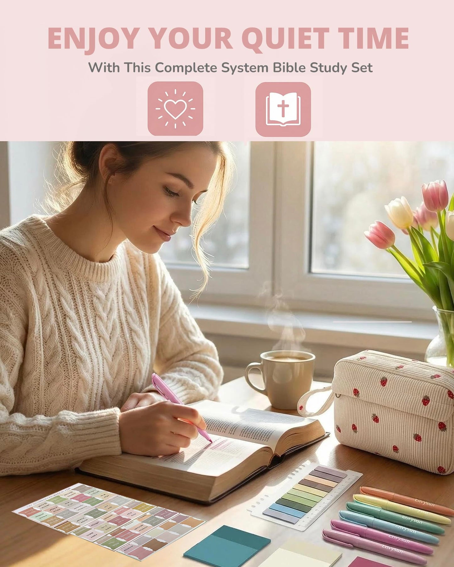 Envysun Bible Study Supplies Journaling Kit for Women - Bible Annotation Kit with No Bleed Highlighters, Tabs & Pen Case - Starter Christian Gift for Daily Devotion & Note Taking (Beige Strawberry)