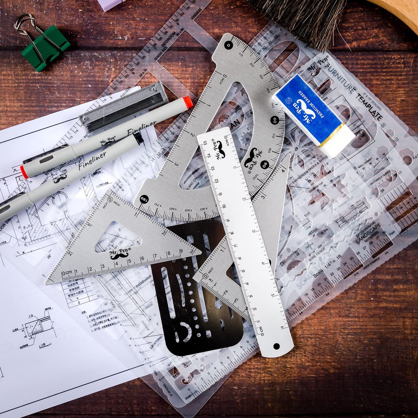 Mr. Pen- Professional Drafting Tools & Geometry Set with Case, 17 pcs, Mechanical Pencil, Fineliners, Scale Metal Ruler, Drawing Templates for Interior Design House Plan, Architect Protractor Set