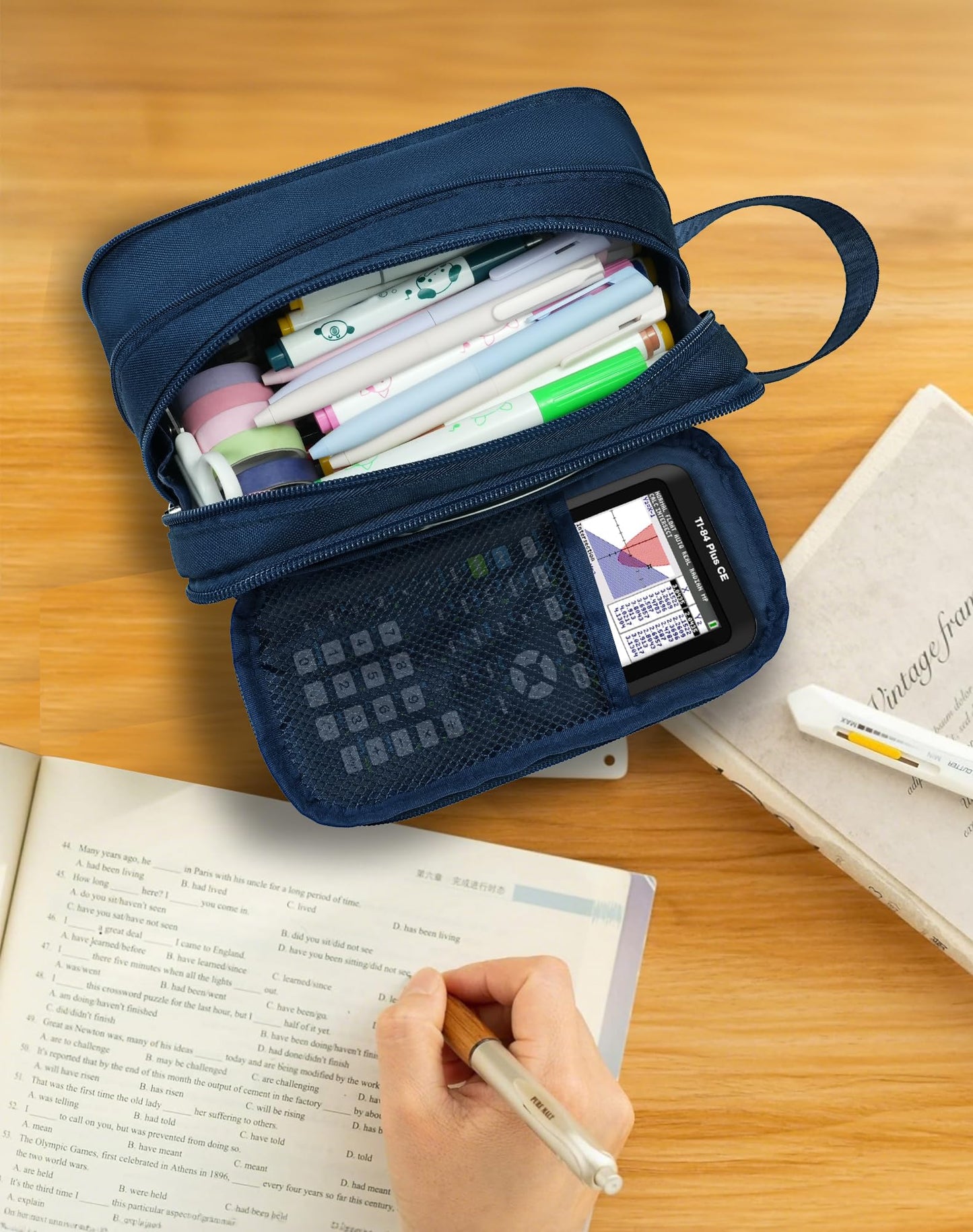 Fmeida Pencil Case Pouch Expandable - Extra Large Pencil Pouch Aesthetic Pencil Bag Office Stationery Organizer with Handle for Adult Men Women - Navy Blue