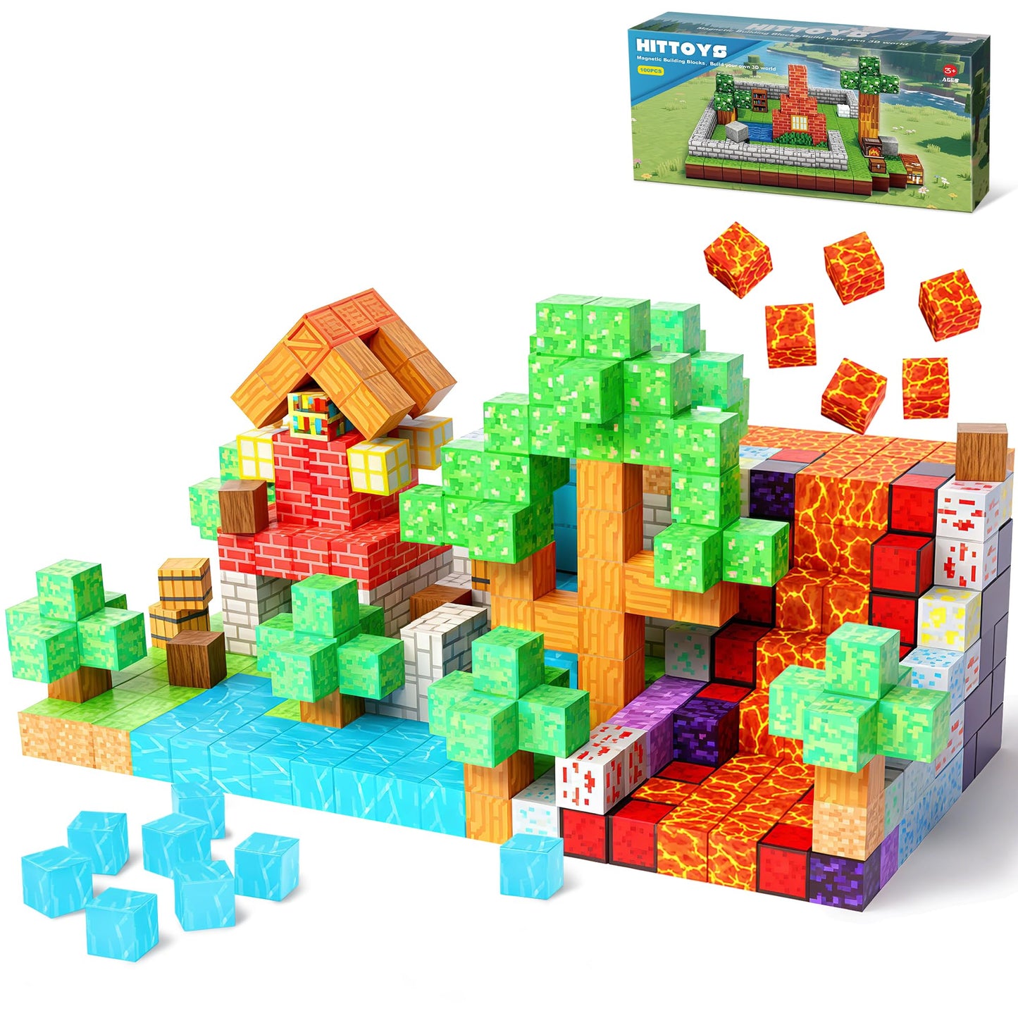 HitToys Magnetic Blocks 100PCS Building Blocks for Kids, Magnetic Tiles Build Set, Magnetic Cubes Toys Games Christmas Birthday Gifts for Boys Girls Ages 4 5 6 7 8 9