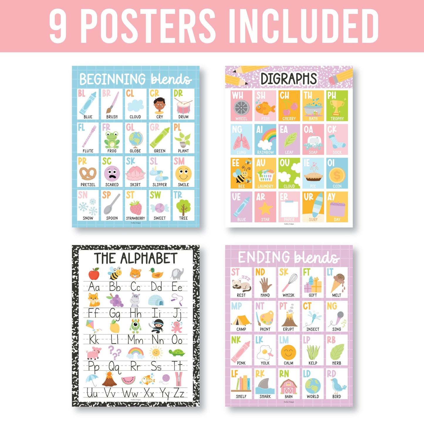 Hadley Designs Phonics Posters for Classroom Must Haves - 9 Sound Wall for Kindergarten & Elementary Teacher Supplies, Syllable, Vowels, Digraphs & Blends Bulletin Board Set, Pastel Classrom Decor