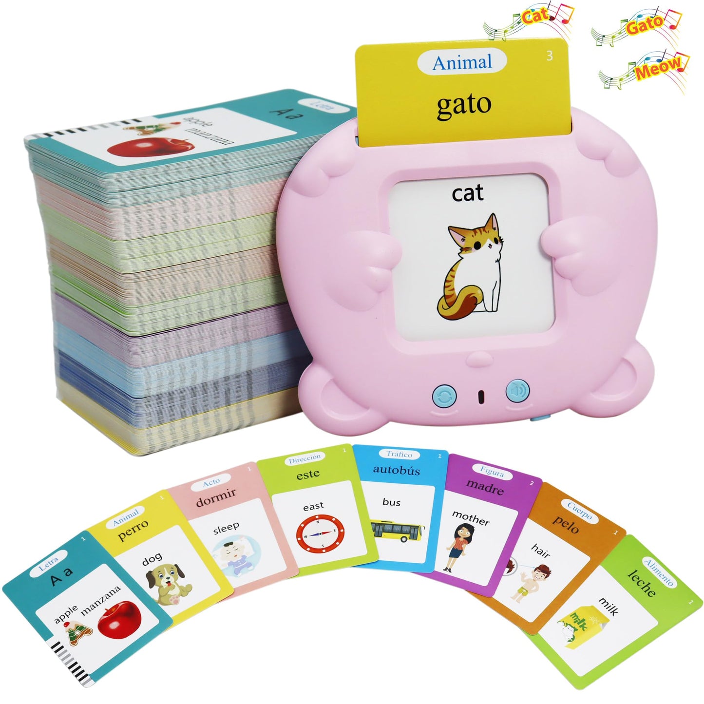 Spanish & English 510 Words Alphabet Bilingual Talking Flash Cards for 3-8 Years Toddlers, Pocket Speech Buddy Therapy Autism Toys, Educational Learning Interactive Toy for Boys Girls Kids Gifts Pink