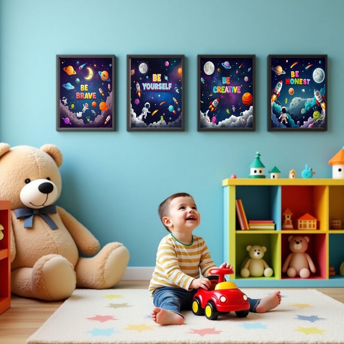 Bentolvia Set of 4 Outer Space Posters for Kids, 8 x 10 Inches Unframed Inspirational Art Decor for Boys and Girls, Playroom and Nursery Space Wall Art