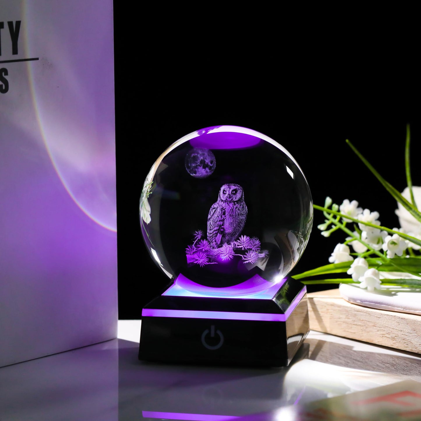 Qianwei Owl Gifts for Women 3D Crystal Ball 3.14'' - Laser Owl Decor Glass Animals Bird Figurines Statue Stuff for Room Decorations Bird Night Light
