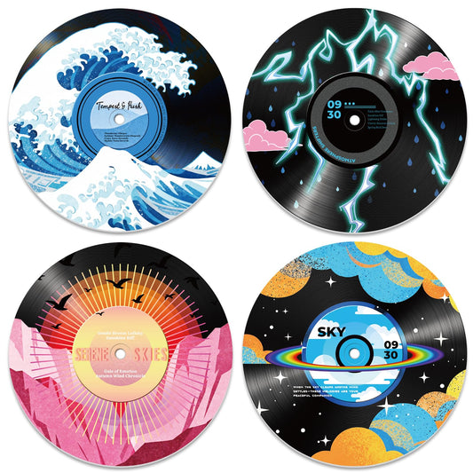 DOODLREAM 4PCS Wave Stormy Sky Vinyl Record Wall Decor 12" Hippy Mountains Cosmic Planet Wall Art Posters for Room Aesthetic, Retro Record Decor for Music Party Studio Living Room DIY Craft Project