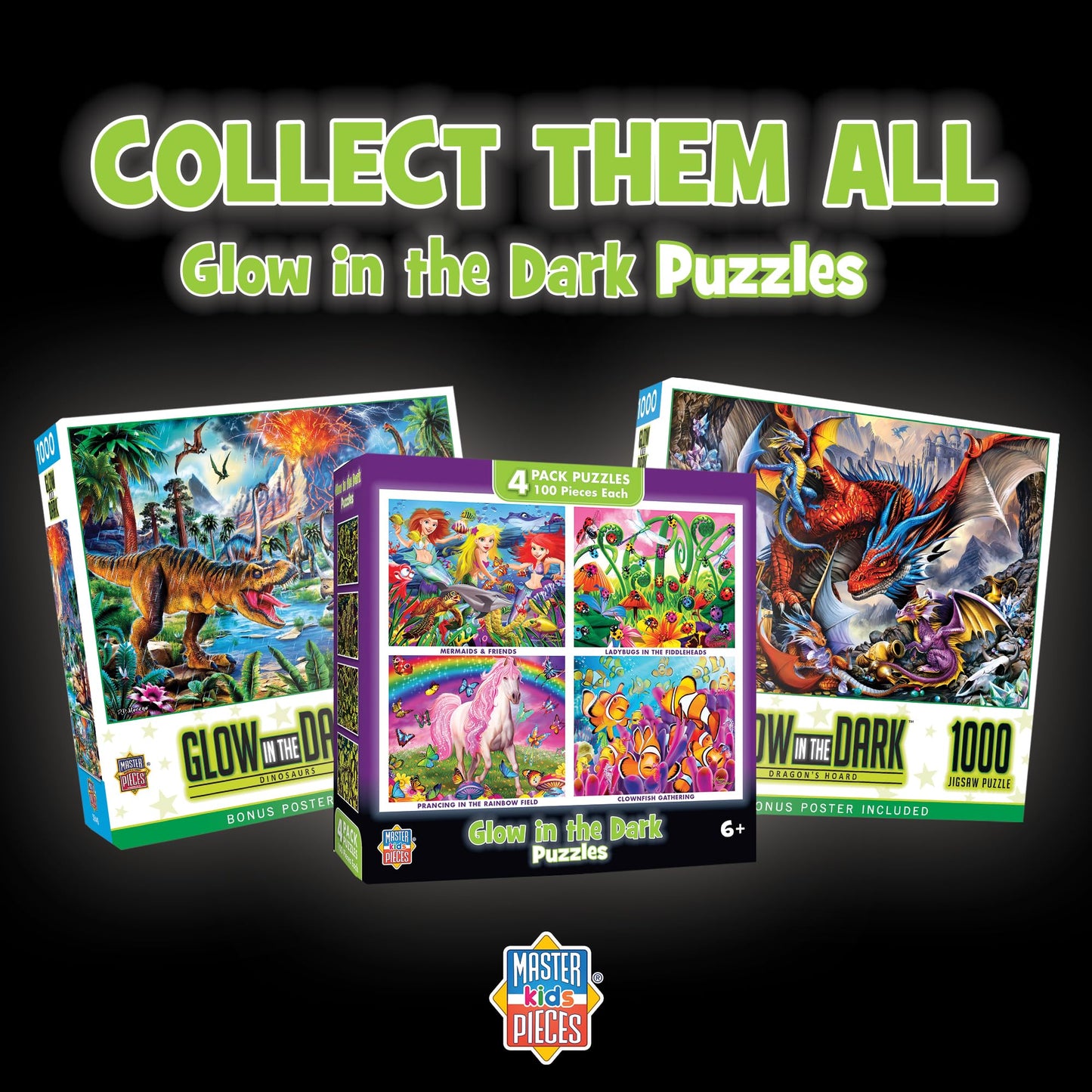 MasterPieces – Jigsaw Puzzle Set for Kids 6+ Years, 4-Pack of 100 Pieces, Educational and Fun Game, Blue Glow in The Dark Collection, Gift Idea for Children, 8" x 10