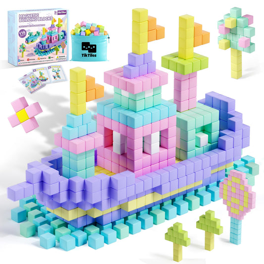 116PCS Magnetic Blocks with Magnet Eyes Toy, Magnetic Building Blocks with Storage Bag for Kids Gifts, STEM Preschool Sensory Magnetic Cubes for Toodlers Boys Girls Ages 3 4 5 6 7 8, Macaron Color
