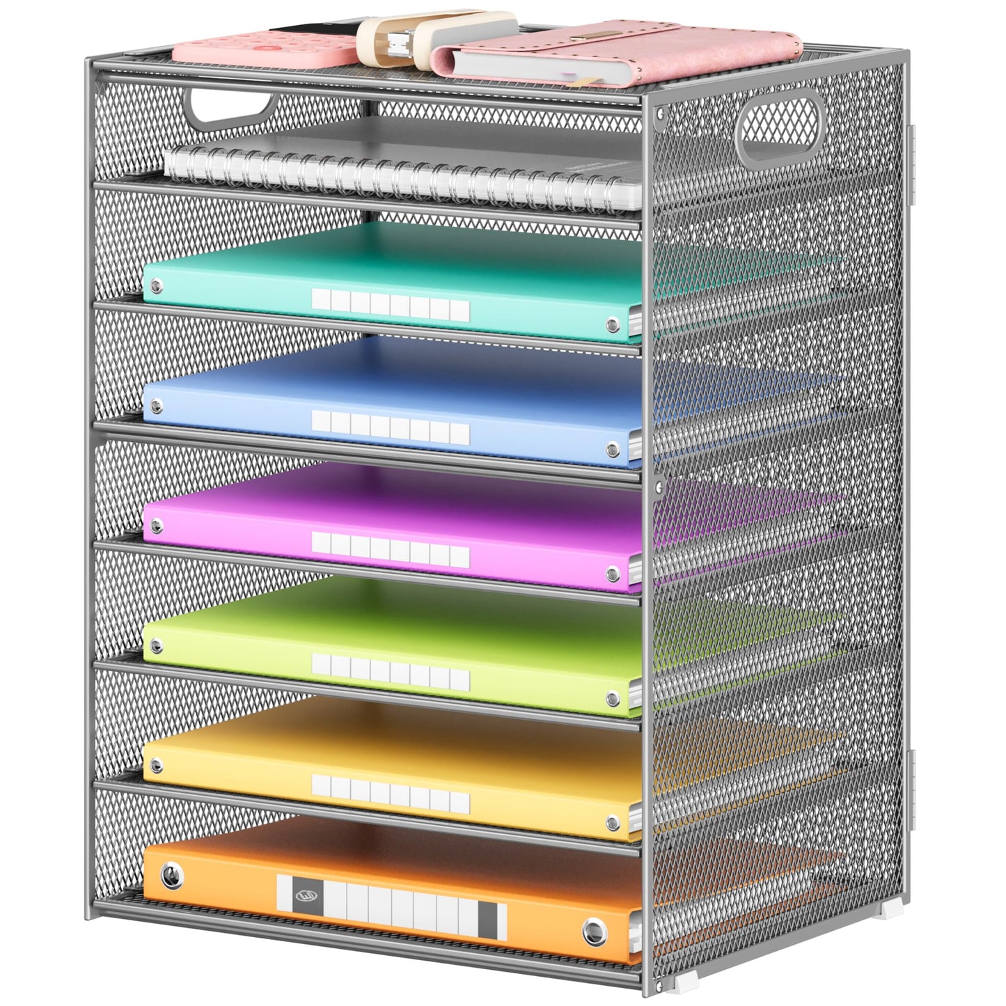 Lavatino 8-Tier Office Desk File Organizer, Letter Tray Paper Organizer with Handle, Including 5 Adjustable Slide Trays for Organizing Desktop Workspace Accessories and Supplies (Silver Metal Mesh)