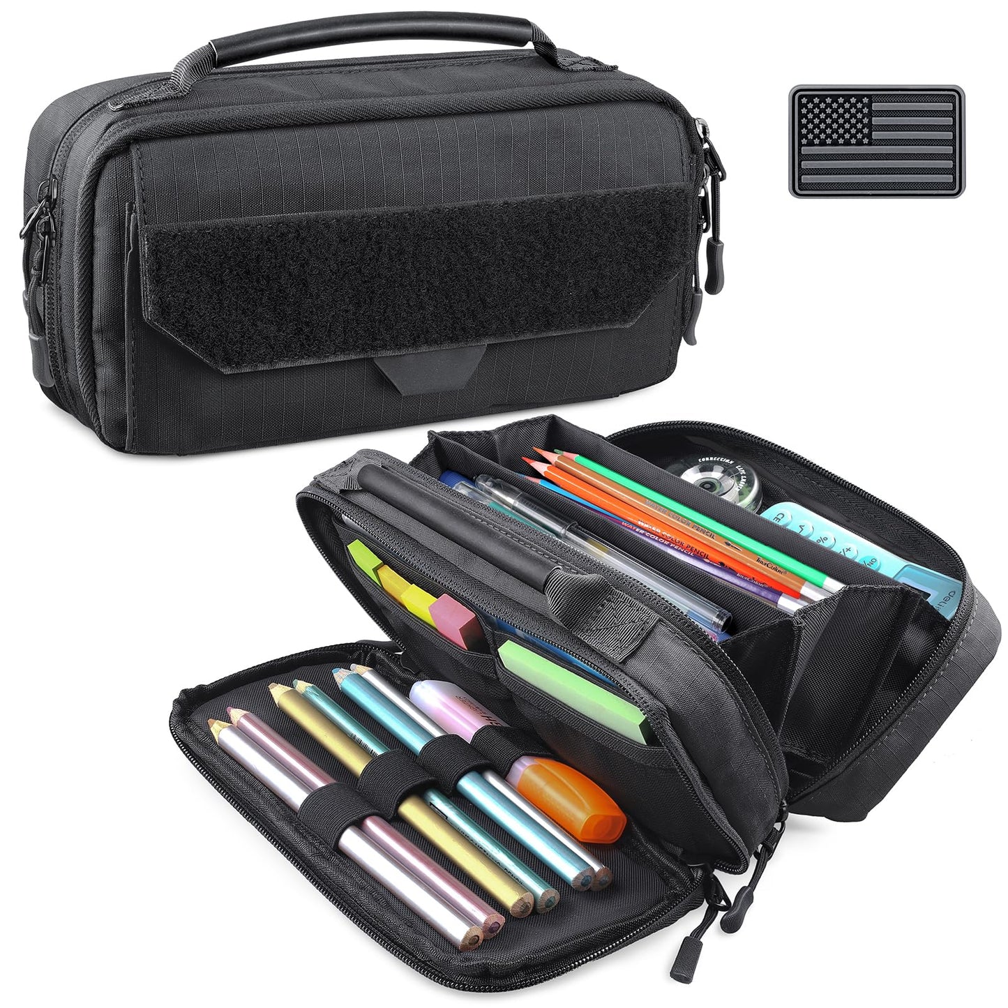 RXW Large Capacity Pencil Case Pouch for Boys, Zippered Tactical Pencil Bag Carry Handle, Small Tool Pouch for Adults (includes US Flag Patch + 2 MOLLE Straps)