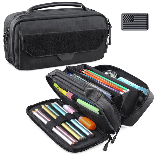 RXW Large Capacity Pencil Case Pouch for Boys, Zippered Tactical Pencil Bag Carry Handle, Small Tool Pouch for Adults (includes US Flag Patch + 2 MOLLE Straps)