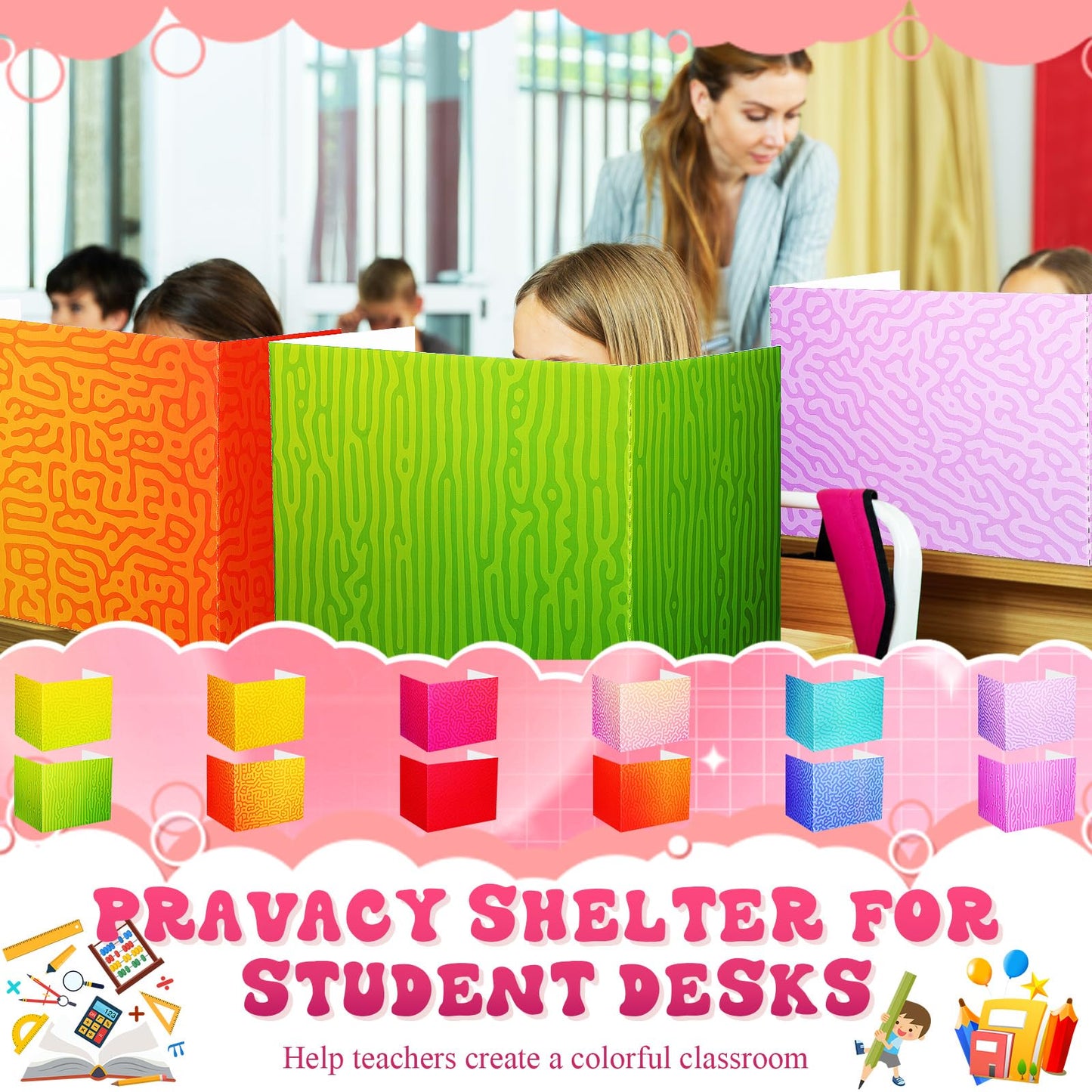 SATINIOR 24 Pcs Privacy Folders for Students, Desk Dividers for Classroom Testing, Student Privacy Boards Classroom Must Have, School Teacher Supplies(Swirl Style,Colorful)