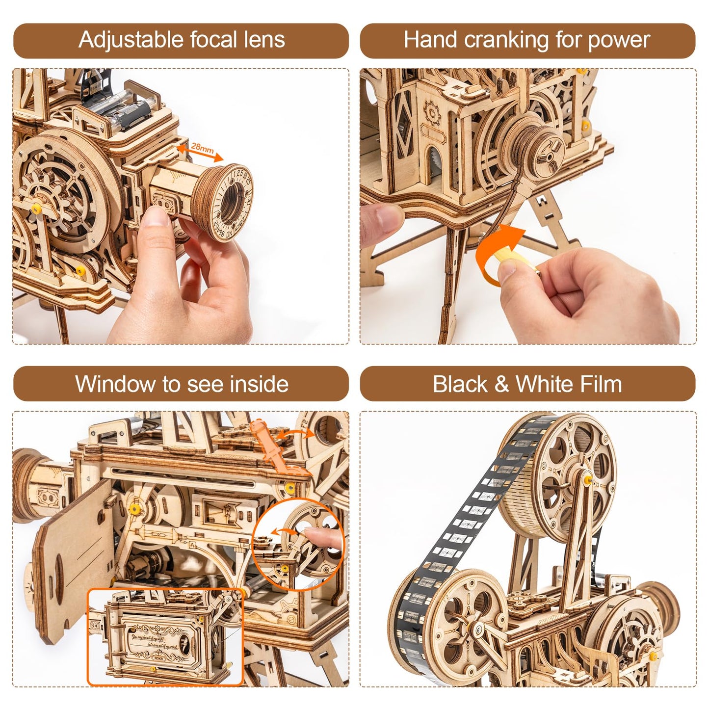 Rowood 3D Puzzle for Adults, DIY Wooden Model Kit for Adults to Build, Handheld Film Mechanical Gear Building Set, Birthday Vitascope Projector