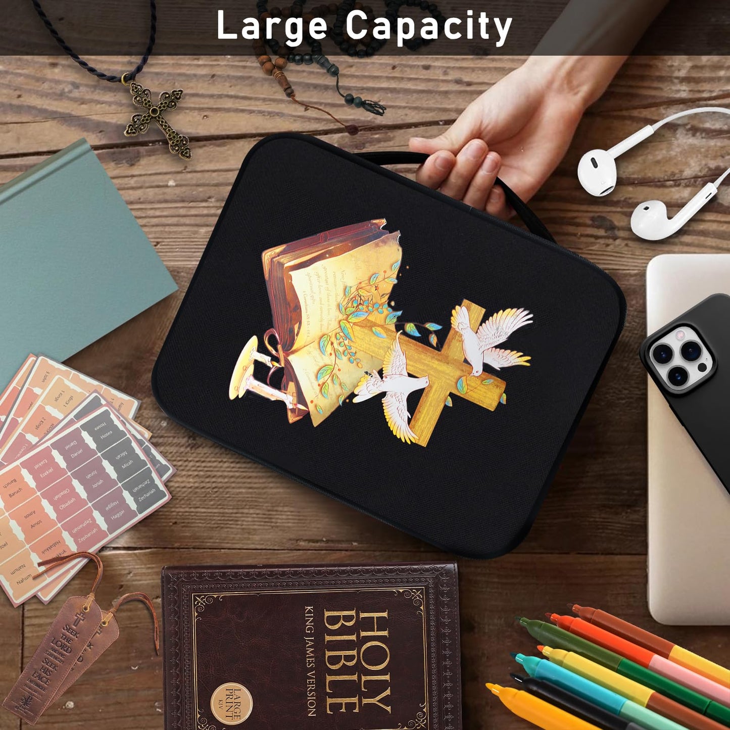 Bible Cover for Women & Men, Bibles Study Supplies Covers with Zipper for Journaling Accessories Kits-Book Carrying Travel Case for Teens Black Tote Church Bag for Bible Study