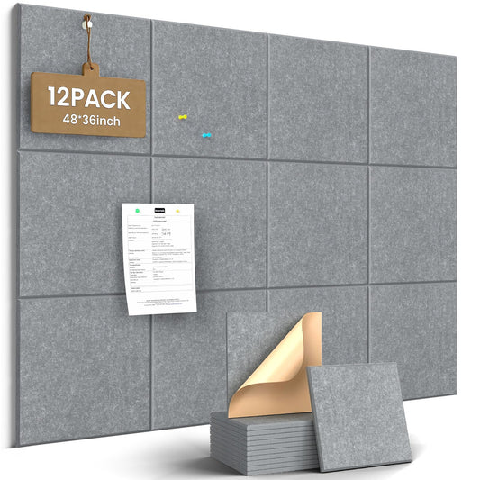 JBER Large Felt Bulletin Board 48"x36" - 12 Pack Felt Wall Tiles, Cork Board Alternative to Use in Office & Home Decor, Classroom Decor, Vision Board to Display Your Photos(Light Gray)