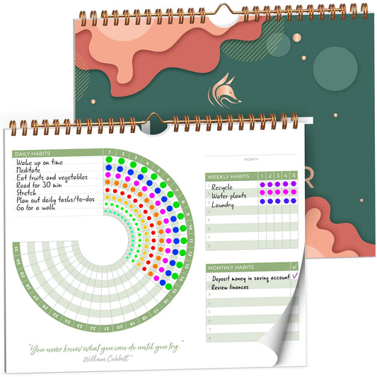 Clever Fox Habit Calendar Circle – 24-Month Inspirational Daily Habit Tracker with Colorful Pages – Routine & Goal Planner Journal (Dark Green & Red)