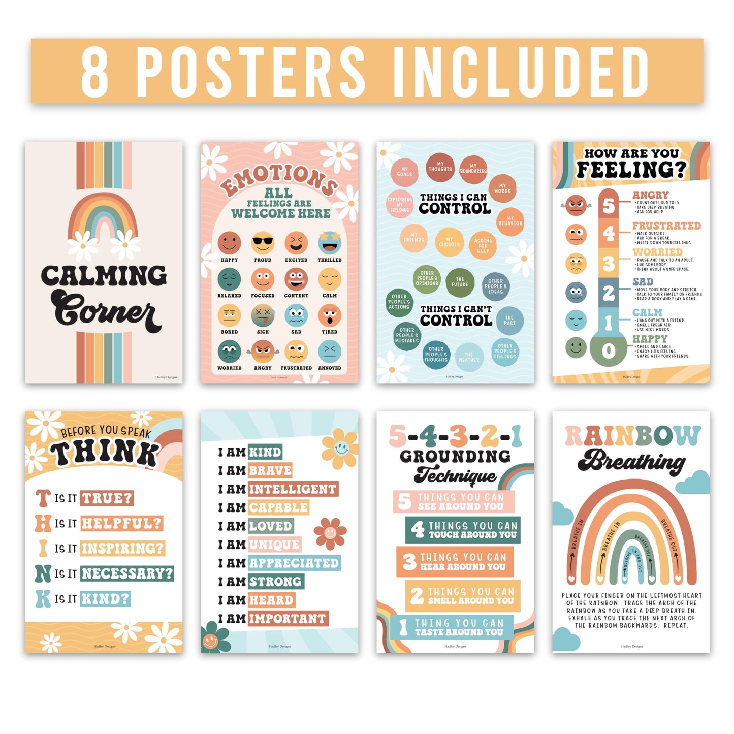 Hadley Designs 8 Calming Corner Posters for Classroom Must Haves - Calm Down Corner Supplies with Emotions Chart, School Counselor Mental Health Poster, Feelings Chart For Kids, Retro Classroom Decor