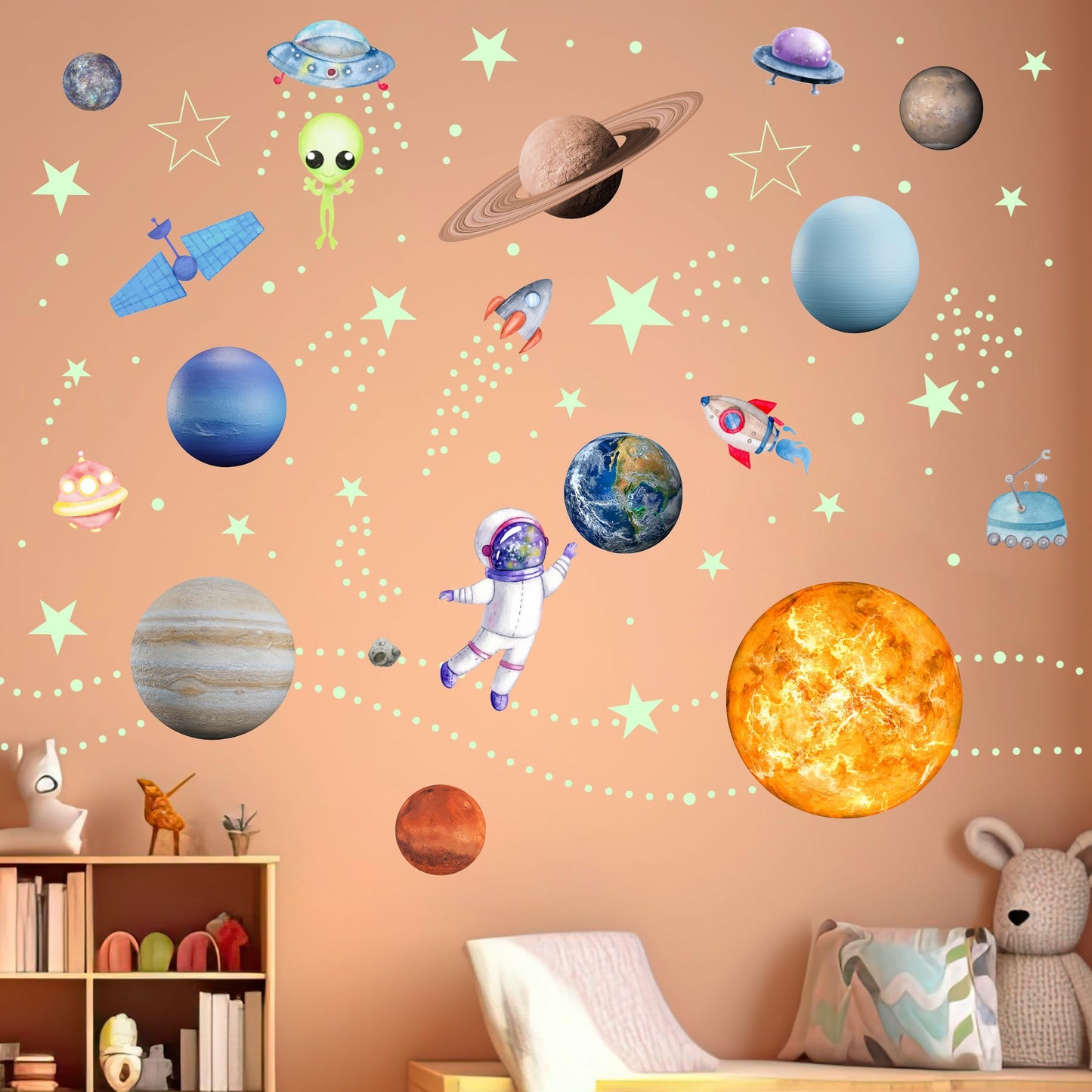 Glow in The Dark Stars Solar System Wall Decals, Star and Planets Stickers for Ceiling, Wall Sticker Decor for Kids Boys Room (Green)