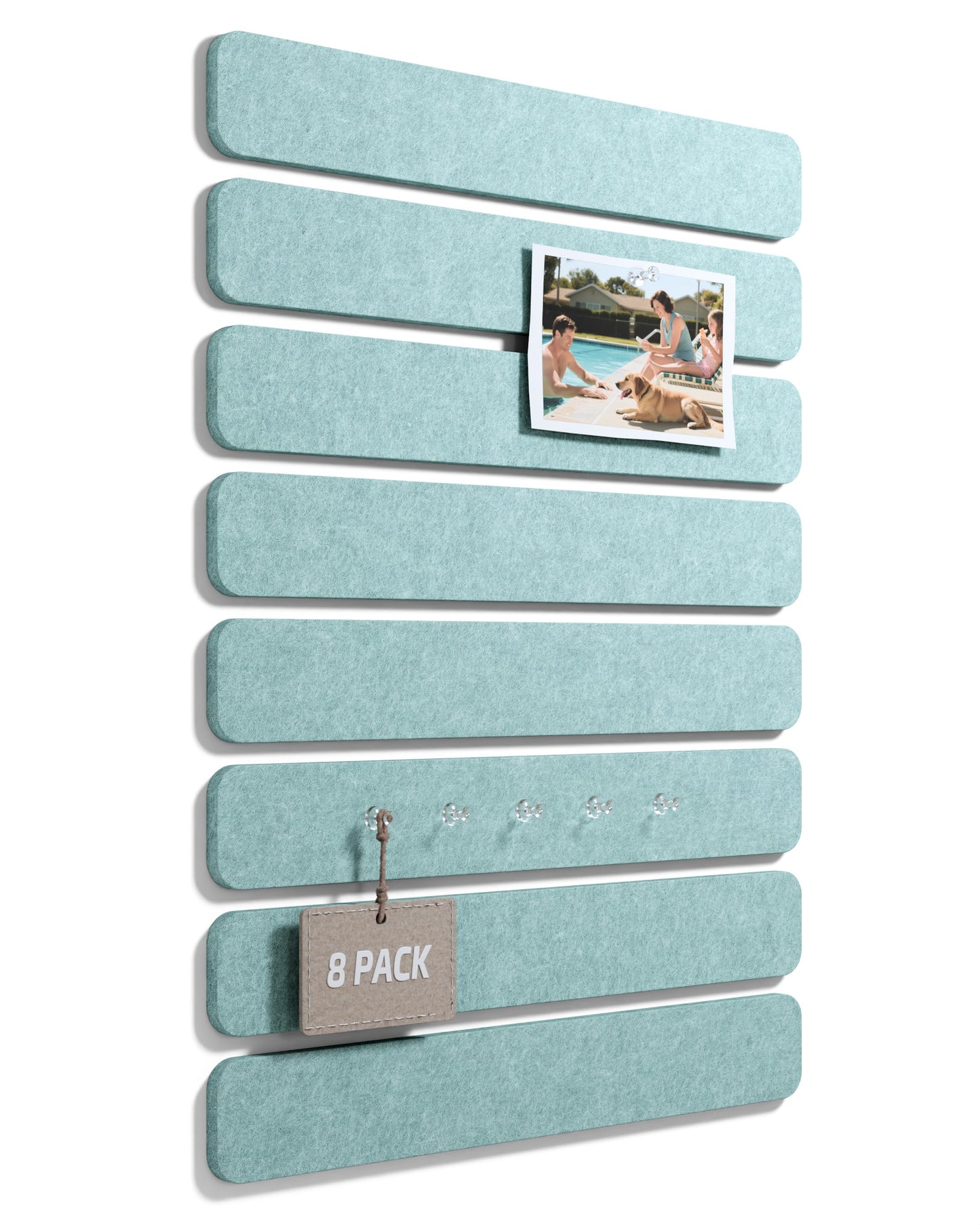 Fluxynara Cork Board Alternative Felt Strip Board 8-Pack 13"x2", Office Pin Board with 50 Push Pins, Adhesive Install for Bedroom Door & Home Office (Teal Blue)