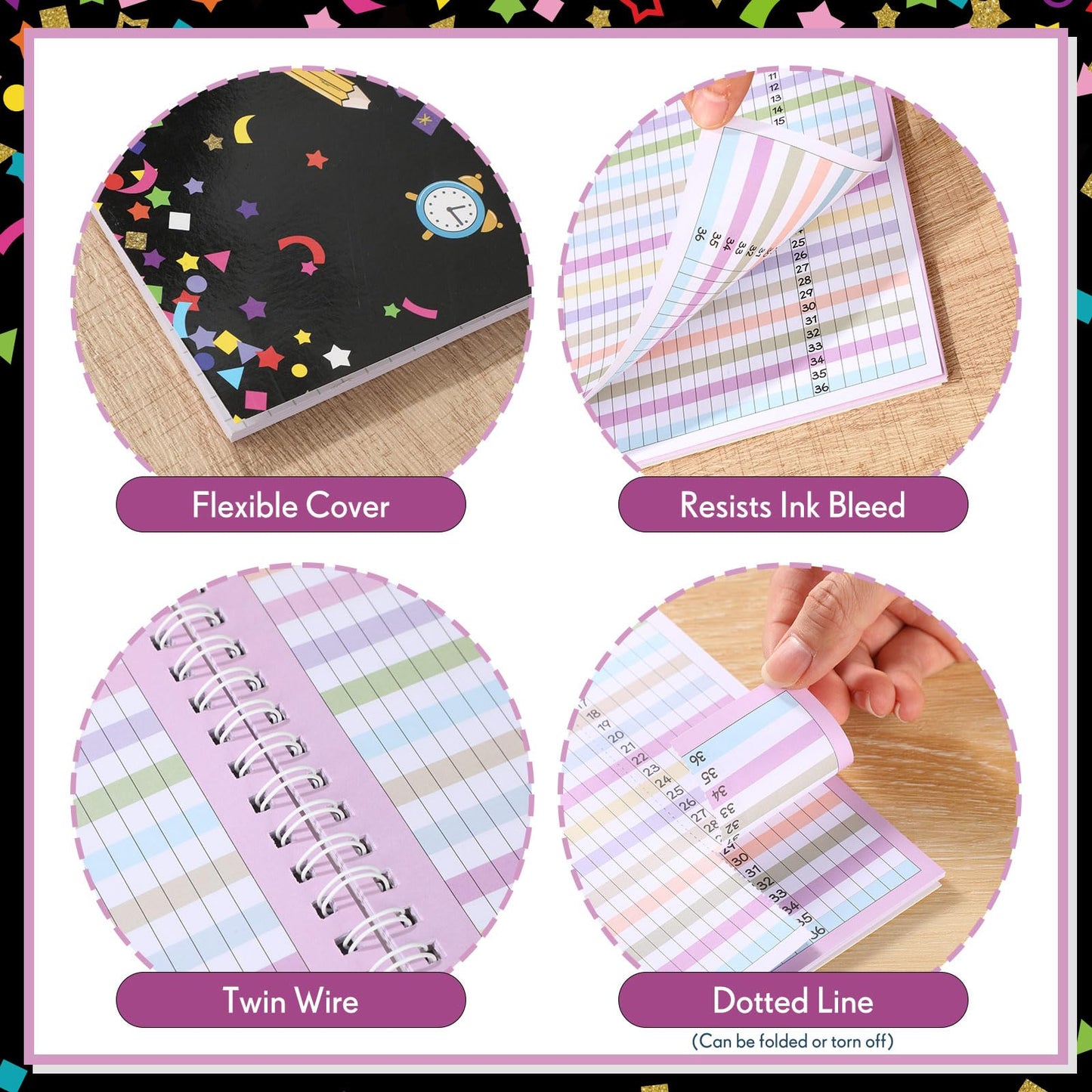 Fuyoooo Teacher Record Book Teacher Grade Books 2026-2027 Spiral Bound Record Planner 2026 Class Grade Book Office Favors for Classroom Attendance Decoration Double Sided(Black, Confetti)