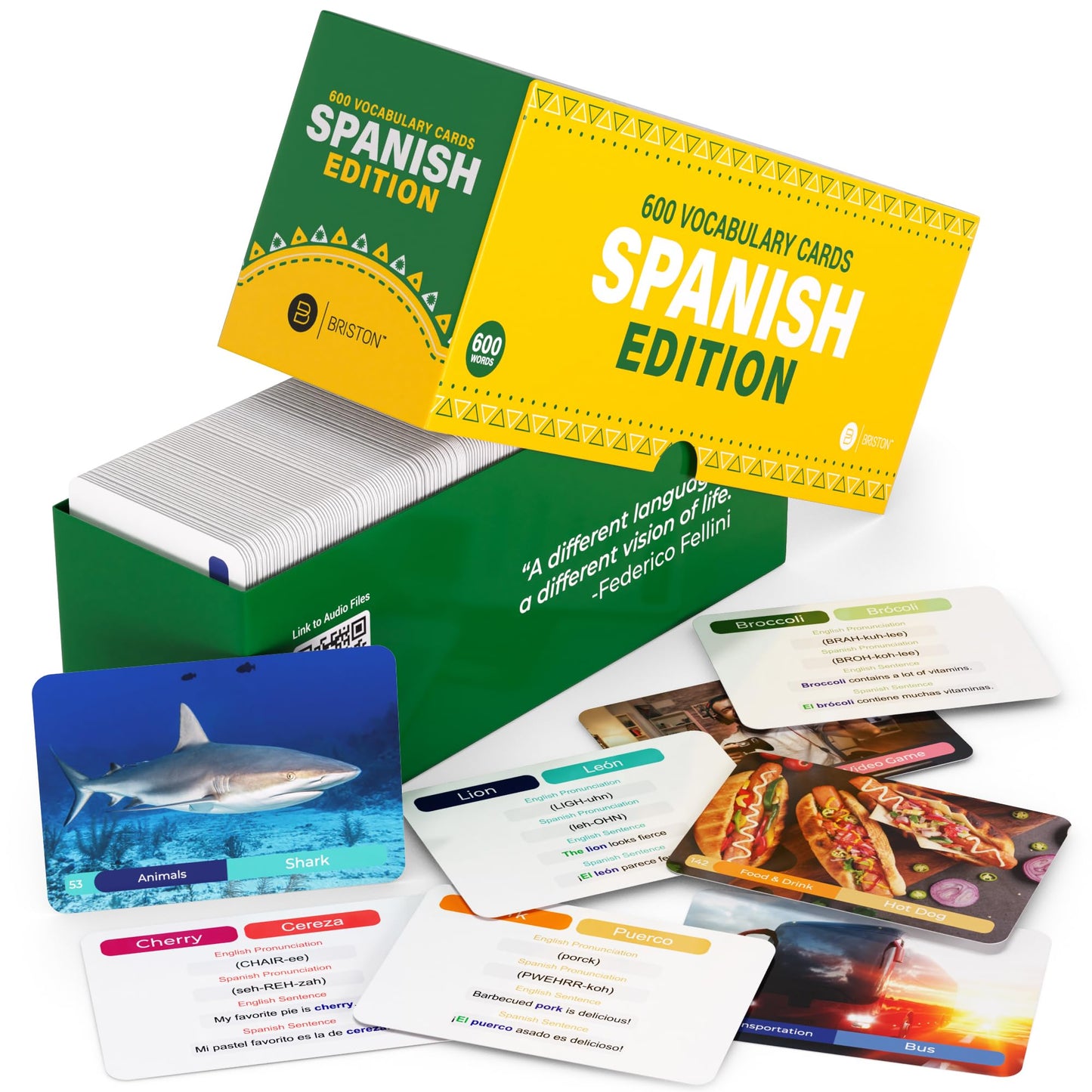 Briston Spanish Vocabulary Flash Cards – 600 English to Spanish Flashcards with Example Sentences & Pronunciations – Language Learning Cards for Kids & Adults, Classroom, Homeschool Study Set