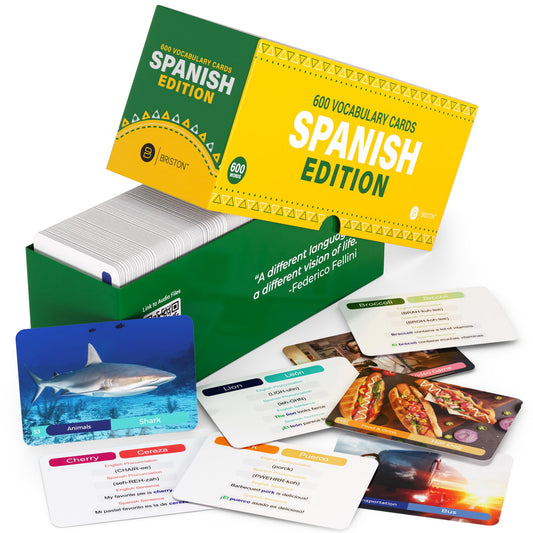 Briston Spanish Vocabulary Flash Cards – 600 English to Spanish Flashcards with Example Sentences & Pronunciations – Language Learning Cards for Kids & Adults, Classroom, Homeschool Study Set
