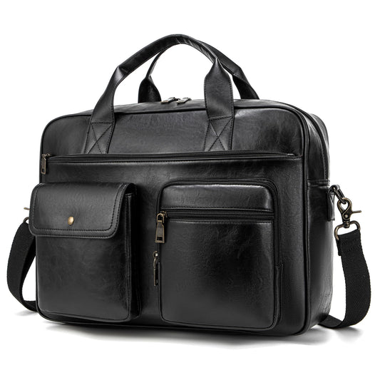 Yuni Sophy Briefcase for Men 15.6 Inch Laptop Messenger Bag Faux Leather Multi-Pocket Business Work Bag Waterproof Office Travel (Black)