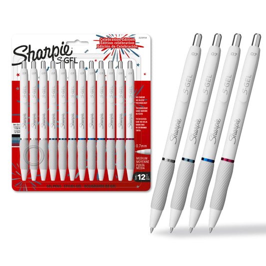 Sharpie S-Gel Pens, Pearl White Body, Fashion Barrel, Medium Point (0.7mm), Colorful Ink, 12 Count, USA 250th Anniversary Edition