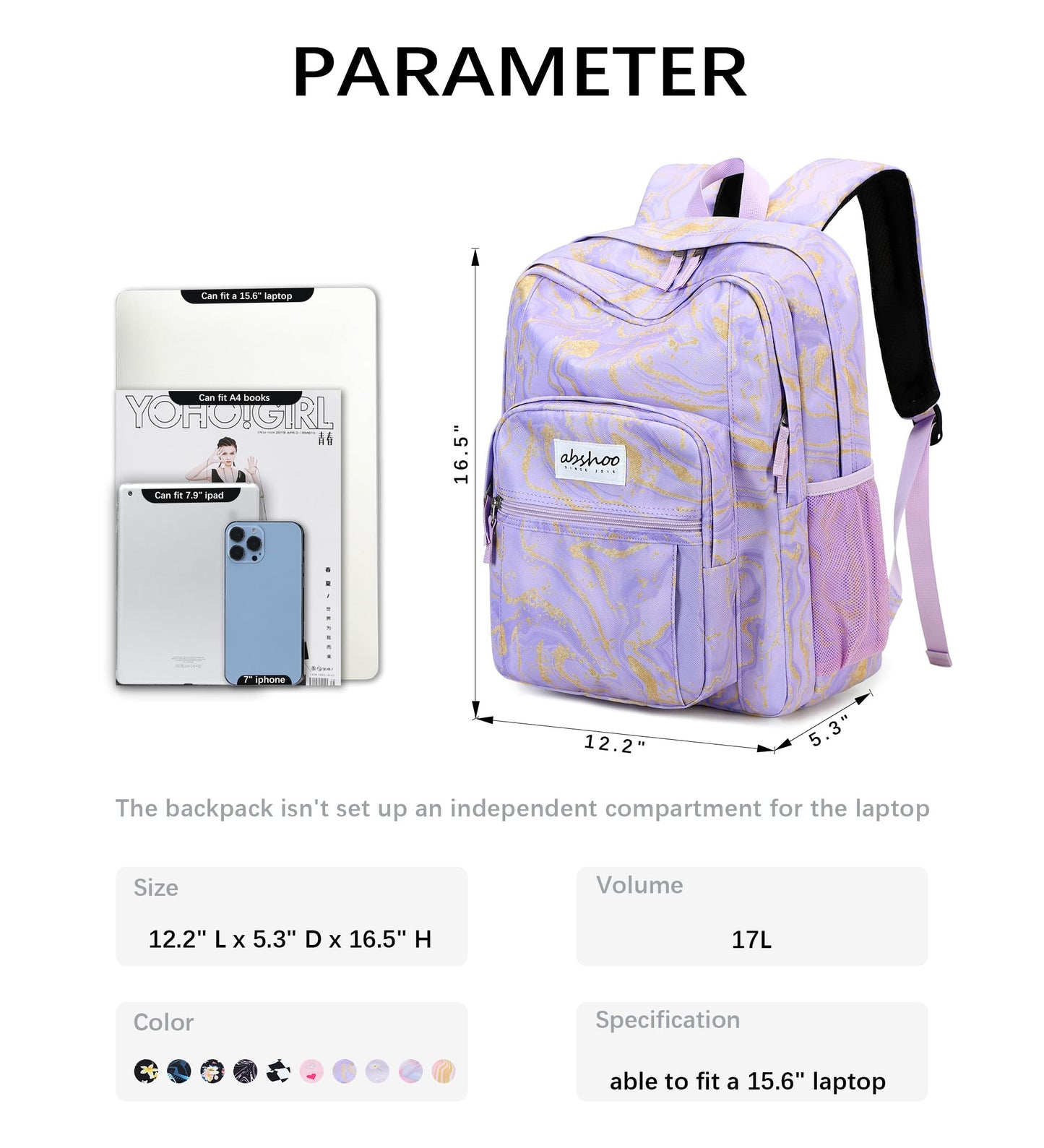 abshoo Classical Basic Marble Womens School Backpack For College Teen Girls Water Resistant Bookbag (Marble Purple)