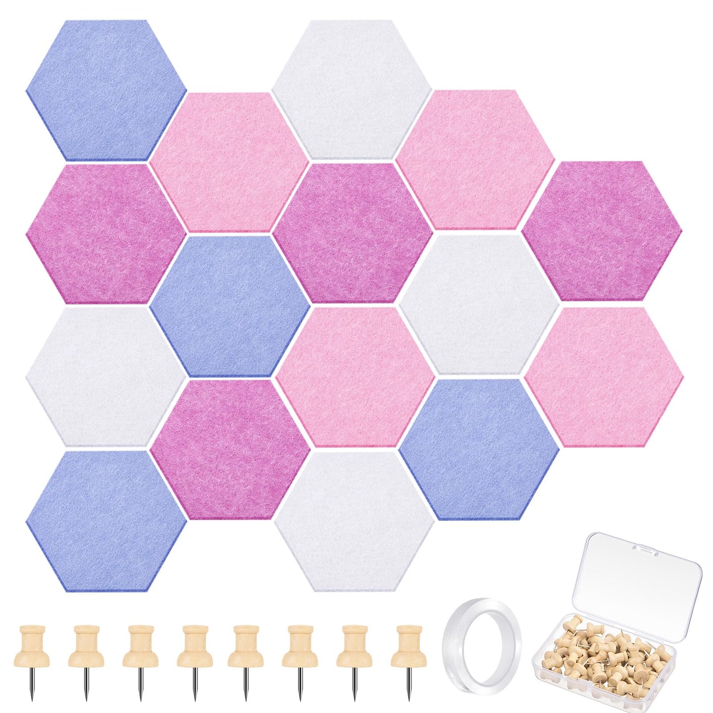 Mindsoft 16 Pcs Hexagon Cork Board for Walls with 50 Wooden Push Pins 6.7 x 5.9 in Felt DIY Tiles Notice with Nano Tape Hanging Bulletin Board for Home Photo Office Memo Note (Pink)