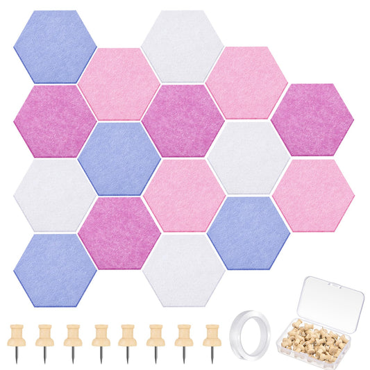 Mindsoft 16 Pcs Hexagon Cork Board for Walls with 50 Wooden Push Pins 6.7 x 5.9 in Felt DIY Tiles Notice with Nano Tape Hanging Bulletin Board for Home Photo Office Memo Note (Pink)