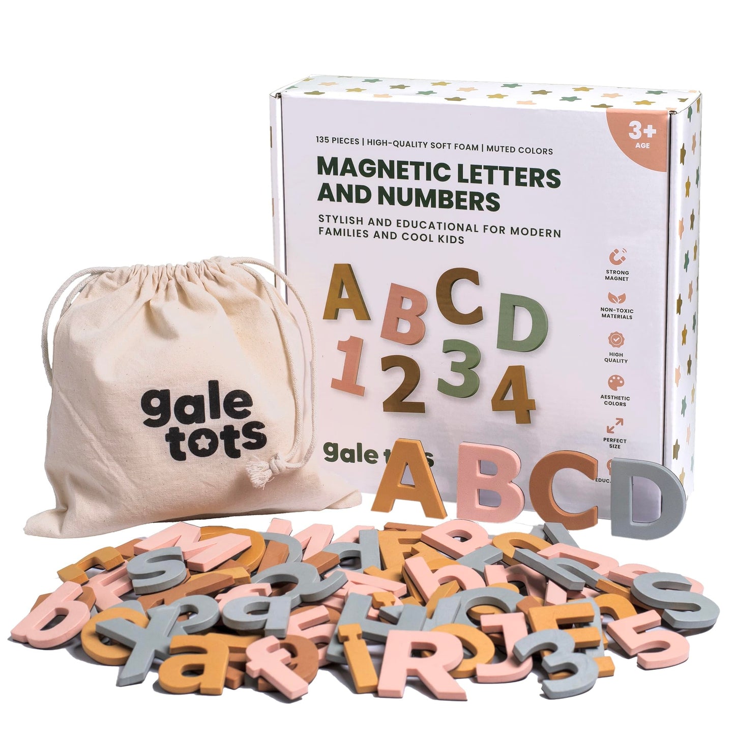 Gale Tots Magnetic Letters and Numbers for Kids, 135 Neutral Aesthetic Premium EVA Foam Alphabet Magnets for Fridge, Color-Coded Vowels, Uppercase Lowercase Numbers and Symbols, Ages 3 and Up