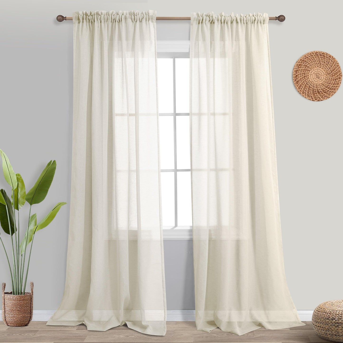 KOUFALL Beige Sheer Curtains 96 Inches Long 2 Panel Set,Cream Tan Rod Pocket Linen Look Neutral Curtains for Living Room Bedroom