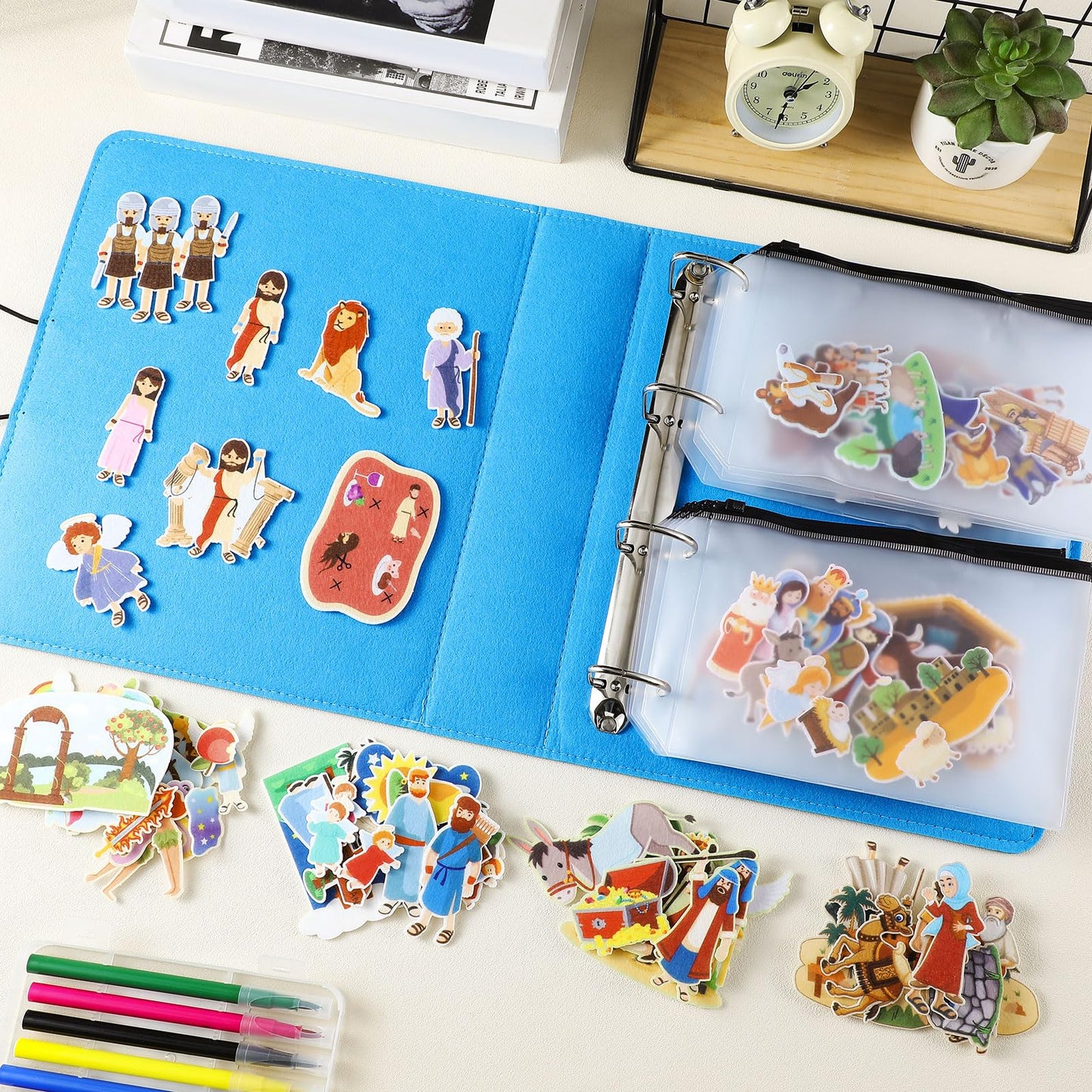 Windkream 16 Pack Felt Board Story Sets Flannel Felt Story Board Pieces with a Multi Functional Pieces Storage Binder and 16 Pcs Pocket for Activities Time(Bible Stories)