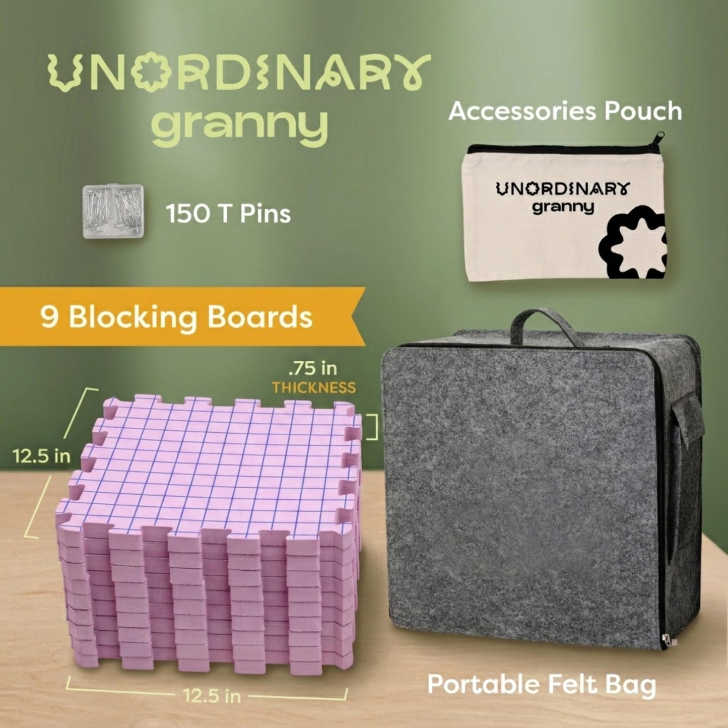 Unordinary Granny Crochet Blocking Board Set – 9 Extra Thick Interlocking Mats with Grid, 150 T-Pins, Felt Storage Bag and Cotton Pouch (Blush Pink)